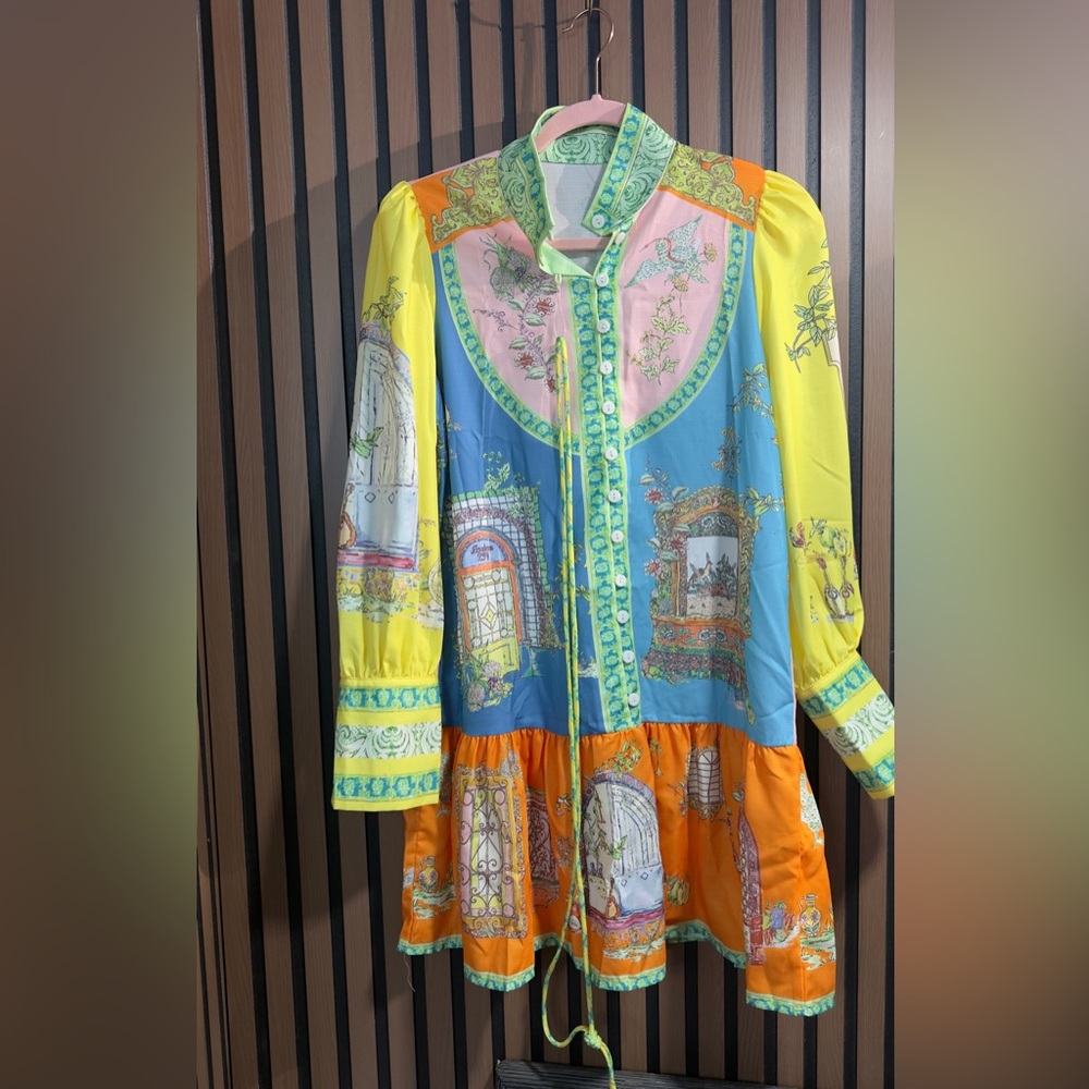 Colorful‎ Women's Dress with Yellow and Orange Accents Sz S - Picture 2 of 15